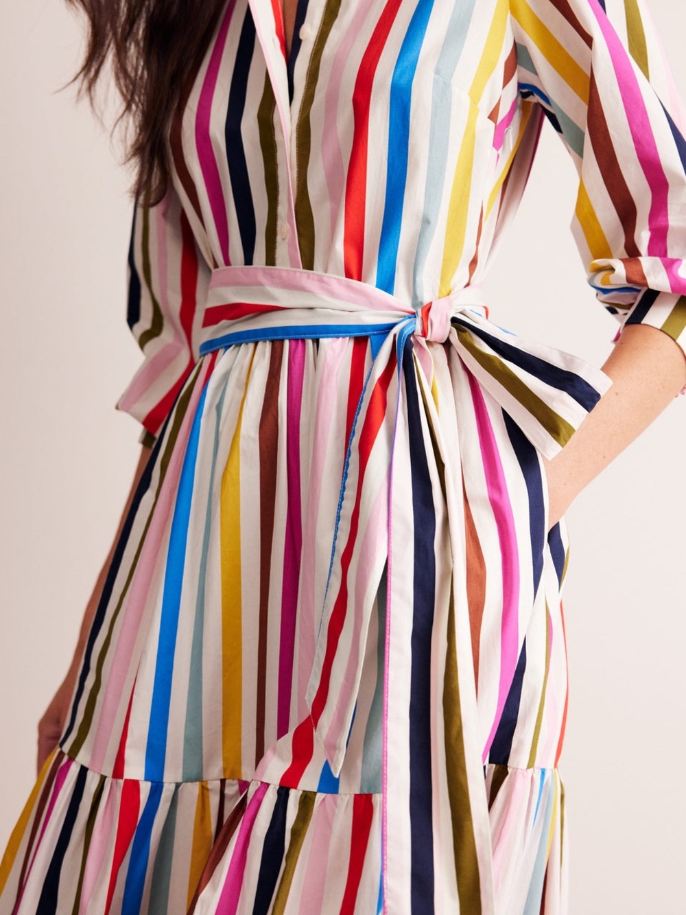 Boden Alba Rainbow Stripe Cotton Tiered Maxi Dress Belted Vertical Stripe US8 - Picture 4 of 16